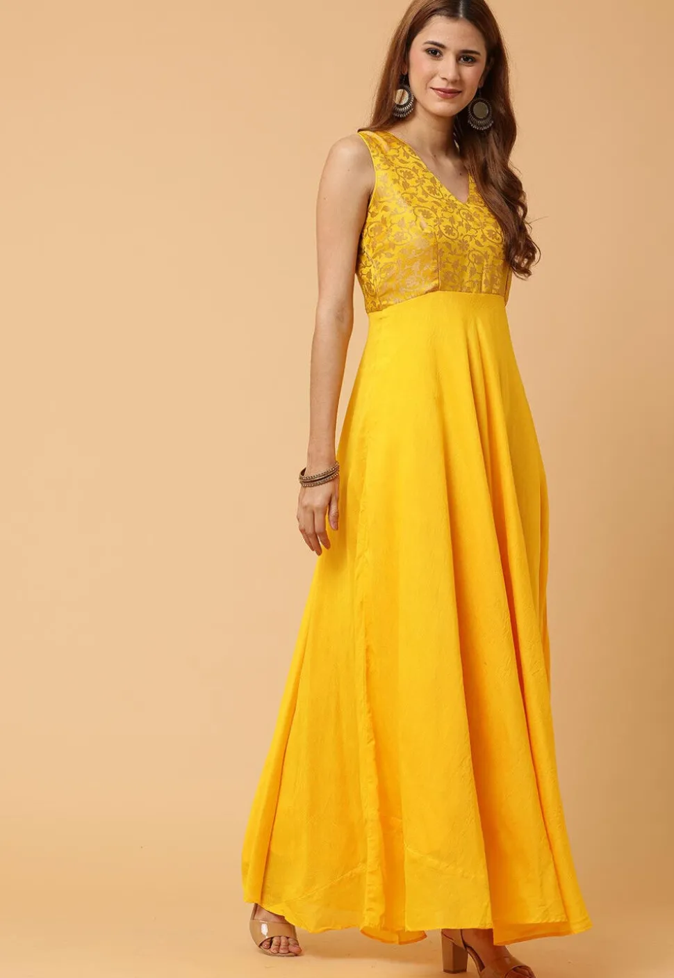 Woven Pure Silk Maxi Dress in Yellow