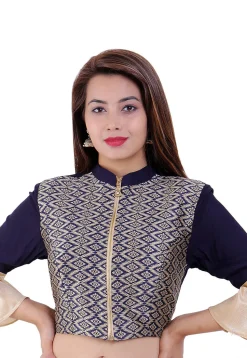 Woven Rayon and Brocade Blouse in Dark Blue