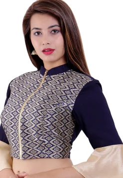 Woven Rayon and Brocade Blouse in Dark Blue