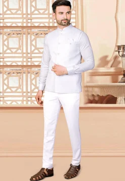 Woven Rayon Jacquard Bandhgala in Off White