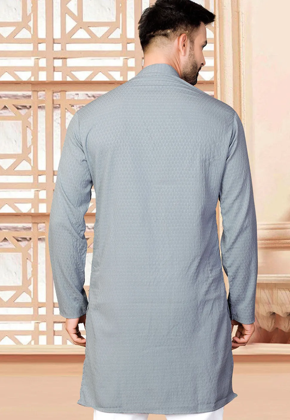 Woven Rayon Jacquard Kurta in Grey