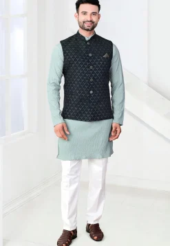 Woven Rayon Jacquard Kurta Set in Sea Green and Teal Blue