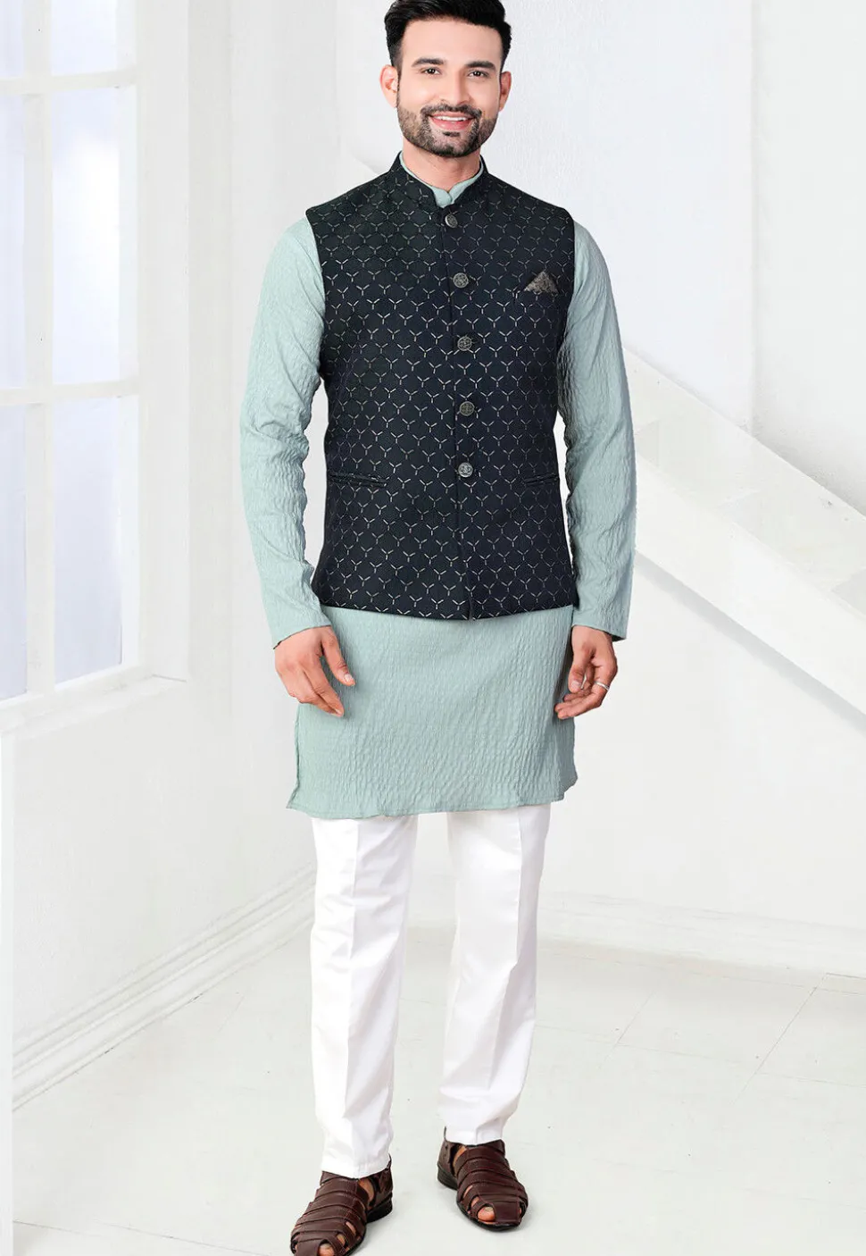 Woven Rayon Jacquard Kurta Set in Sea Green and Teal Blue