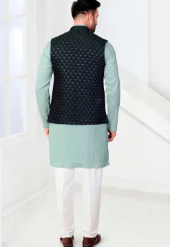 Woven Rayon Jacquard Kurta Set in Sea Green and Teal Blue