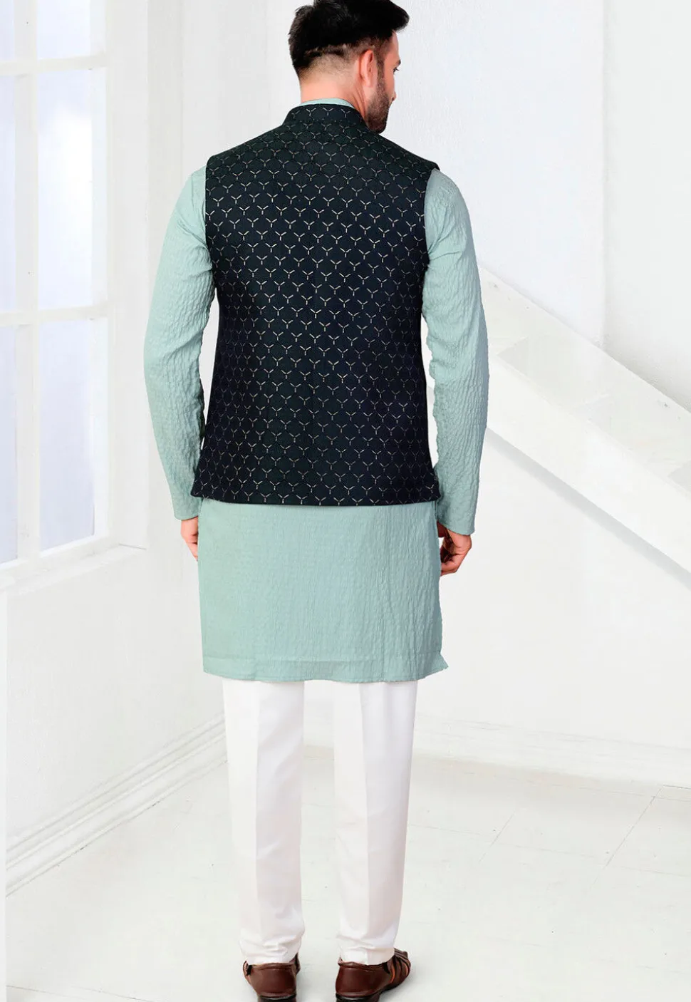 Woven Rayon Jacquard Kurta Set in Sea Green and Teal Blue