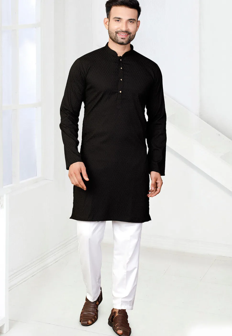 Woven Rayon Jacquard Kurta Set in Black