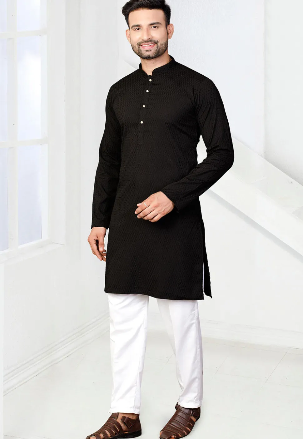 Woven Rayon Jacquard Kurta Set in Black