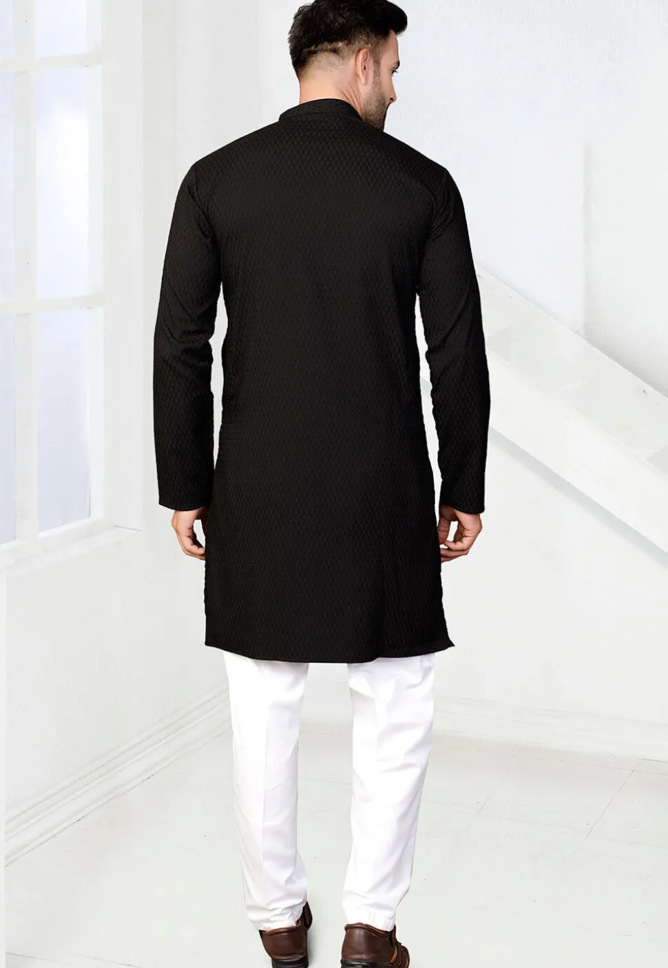 Woven Rayon Jacquard Kurta Set in Black