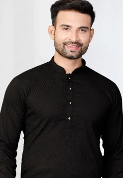Woven Rayon Jacquard Kurta Set in Black