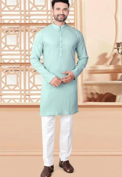 Woven Rayon Jacquard Kurta in Sea Green