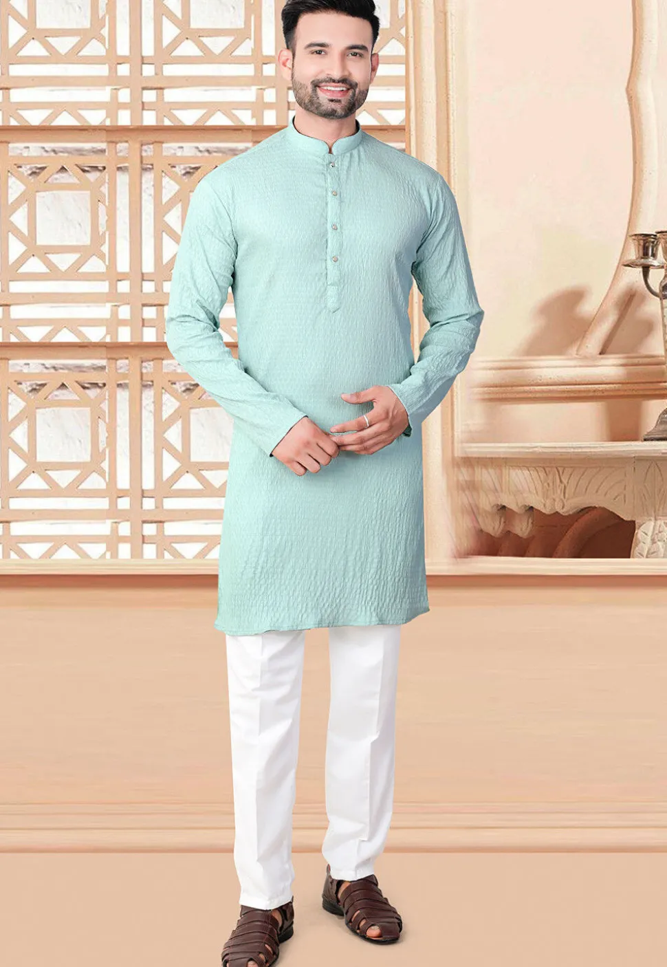 Woven Rayon Jacquard Kurta in Sea Green