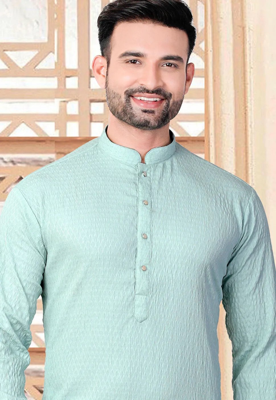 Woven Rayon Jacquard Kurta in Sea Green