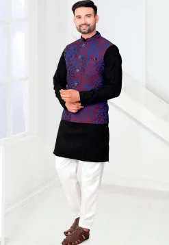 Woven Rayon Kurta Set in Black and Blue