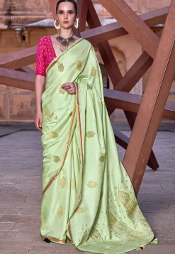 Woven Satin Silk Saree in Pastel Green