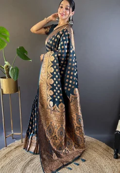 Woven Satin Silk Saree in Dark Teal Blue