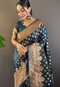 Woven Satin Silk Saree in Dark Teal Blue