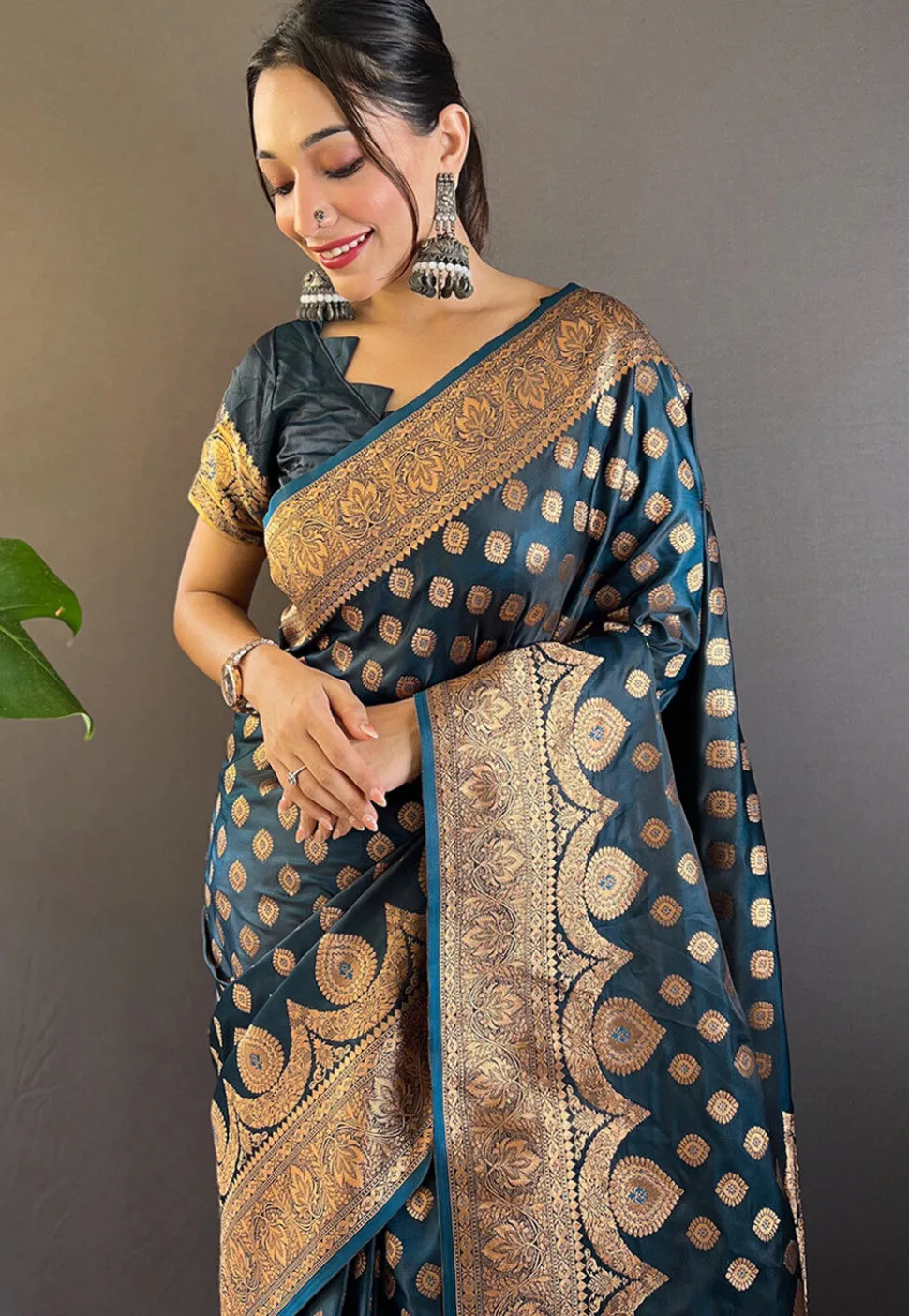Woven Satin Silk Saree in Dark Teal Blue