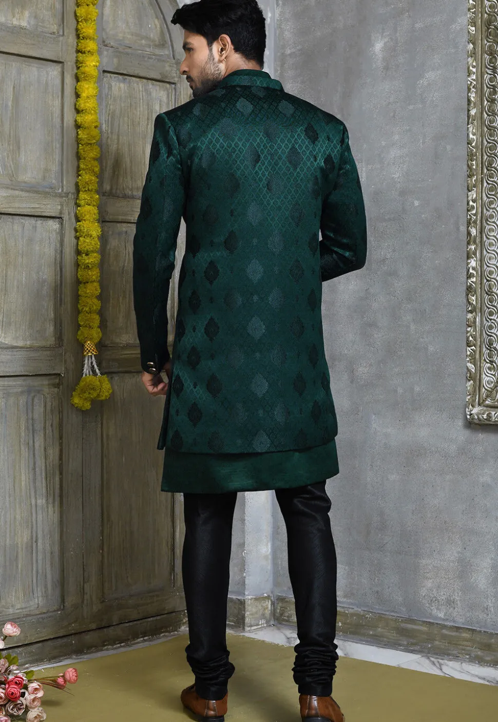 Woven Satin Silk Sherwani in Dark Teal Green
