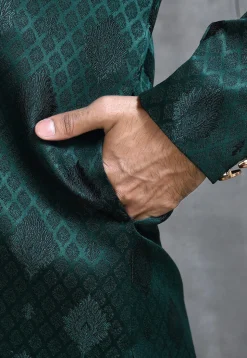 Woven Satin Silk Sherwani in Dark Teal Green