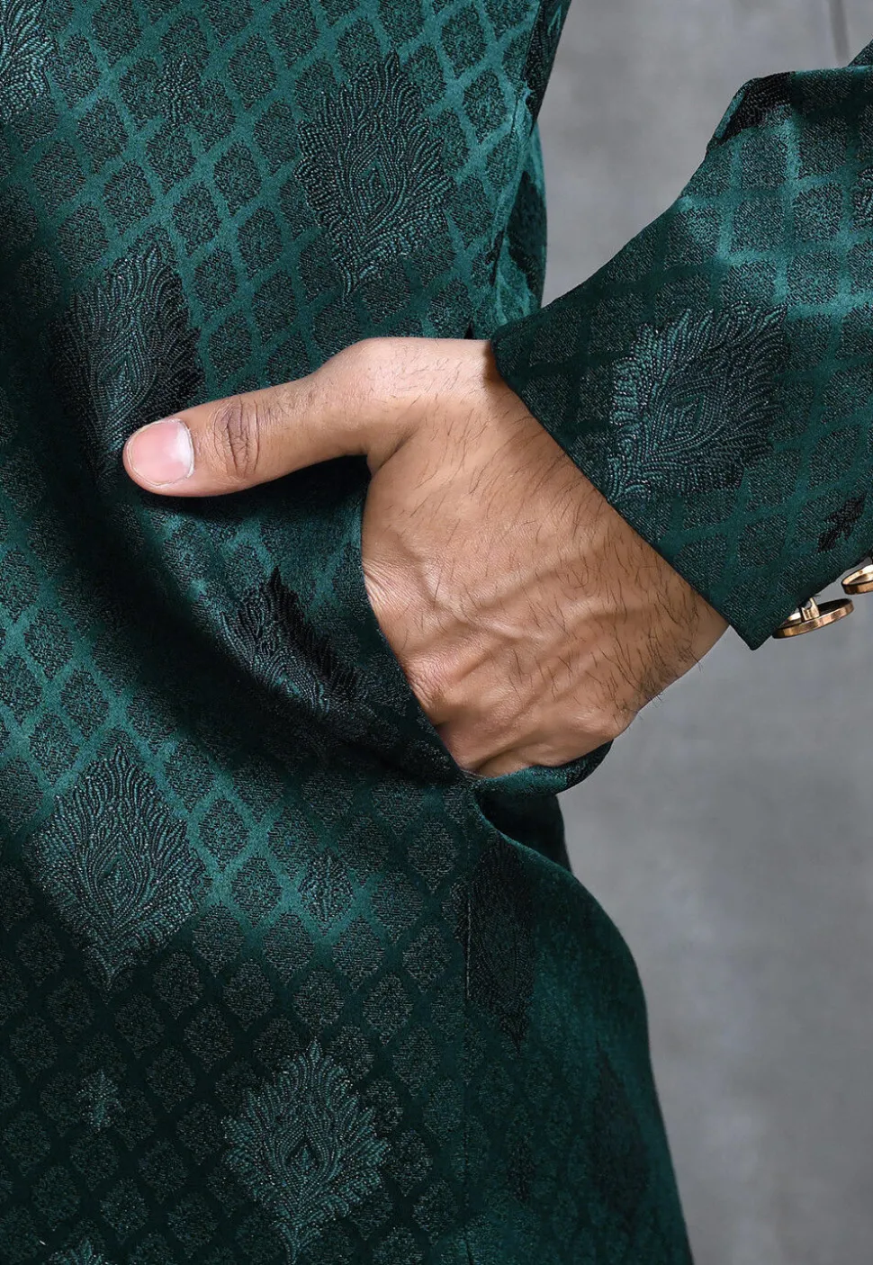 Woven Satin Silk Sherwani in Dark Teal Green