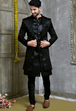 Woven Satin Silk Sherwani in Black