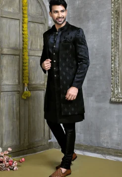 Woven Satin Silk Sherwani in Black