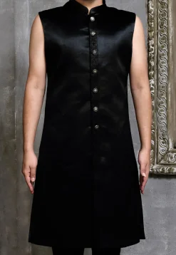 Woven Satin Silk Sherwani in Black