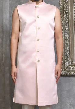 Woven Satin Silk Sherwani in Baby Pink