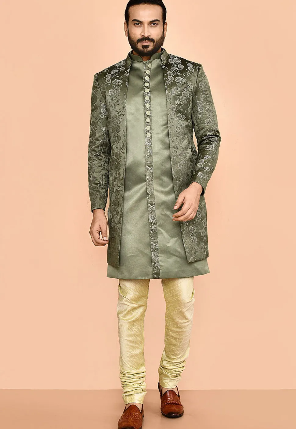 Woven Satin Silk Sherwani in Dusty Green