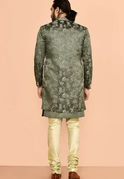 Woven Satin Silk Sherwani in Dusty Green