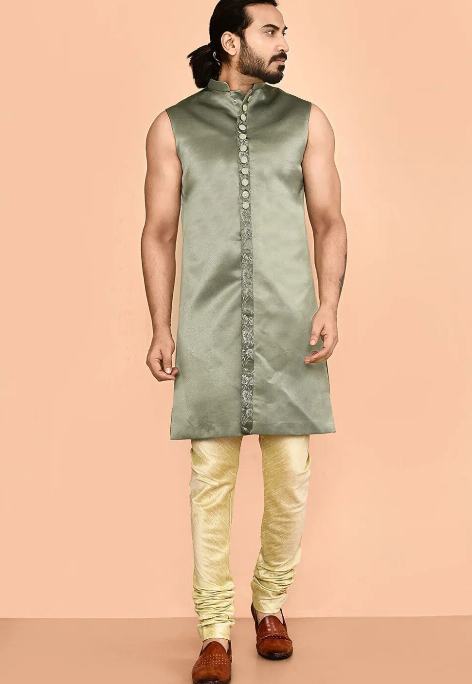 Woven Satin Silk Sherwani in Dusty Green