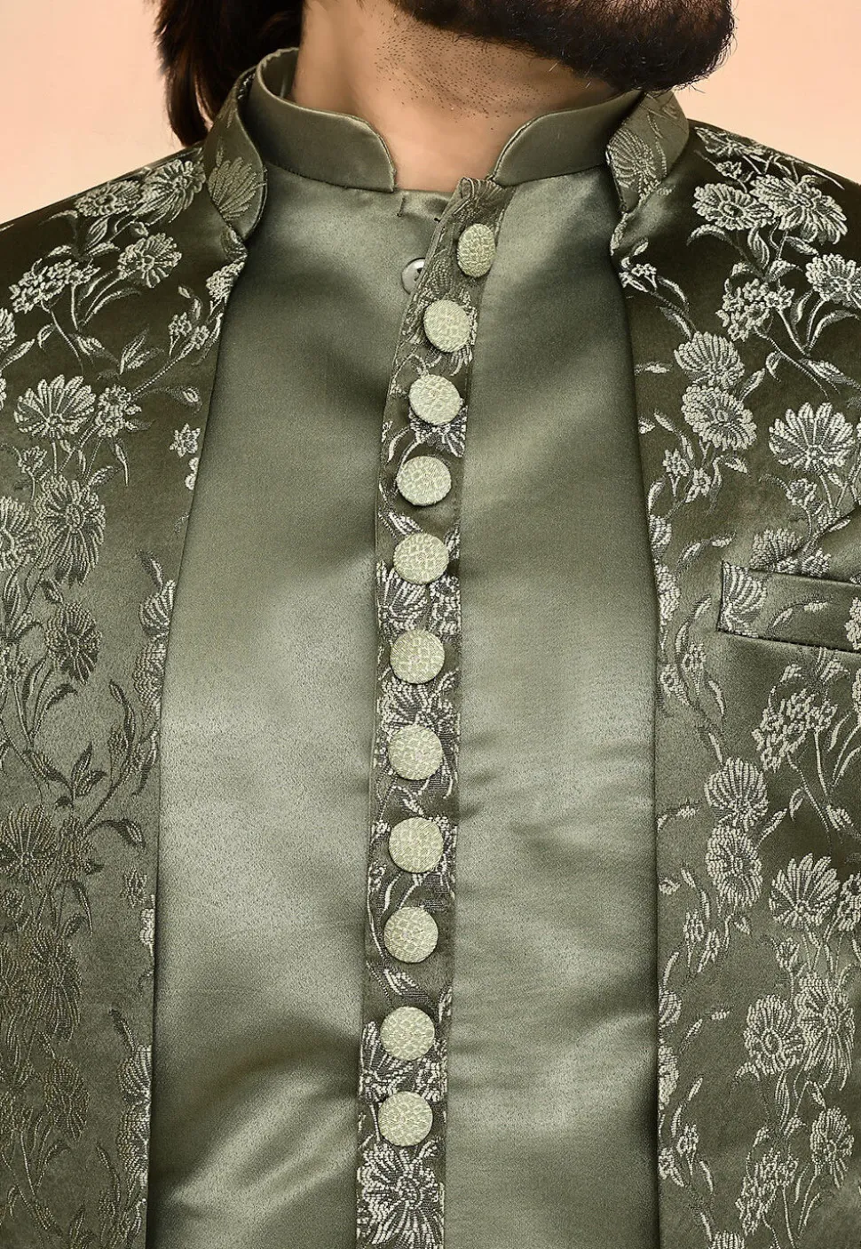 Woven Satin Silk Sherwani in Dusty Green