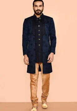 Woven Satin Silk Sherwani in Navy Blue