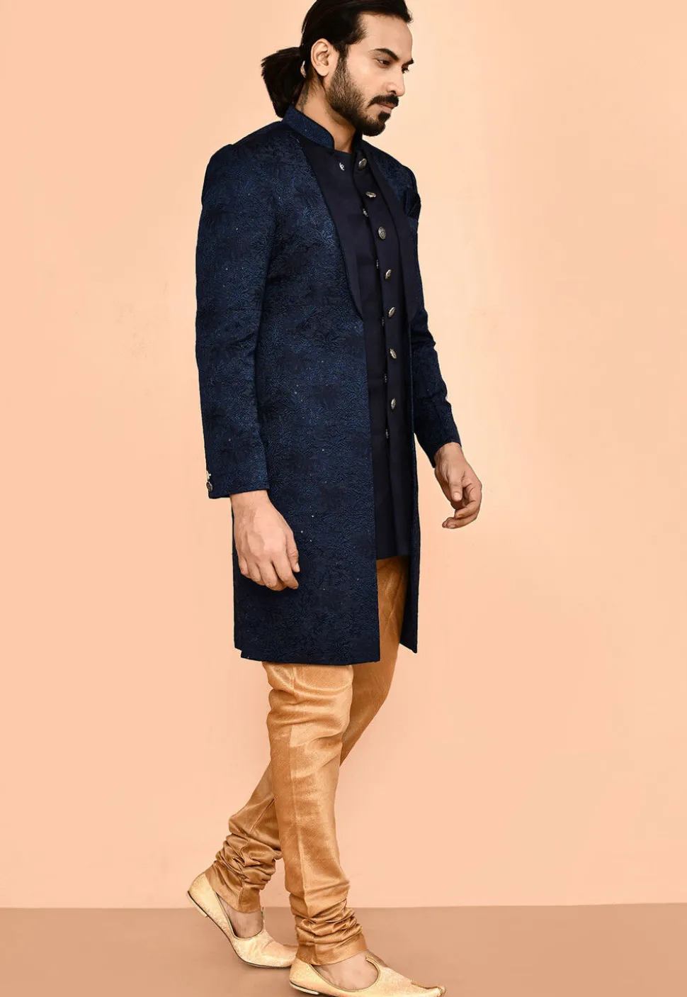 Woven Satin Silk Sherwani in Navy Blue