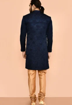 Woven Satin Silk Sherwani in Navy Blue