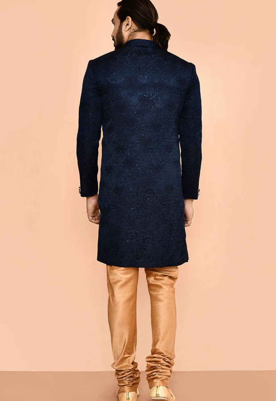 Woven Satin Silk Sherwani in Navy Blue
