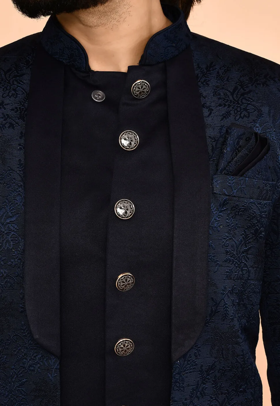 Woven Satin Silk Sherwani in Navy Blue