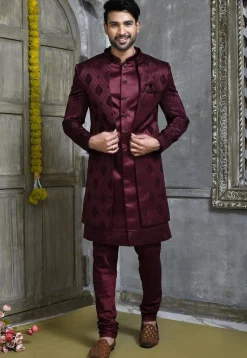 Woven Satin Silk Sherwani in Wine