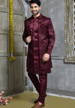 Woven Satin Silk Sherwani in Wine
