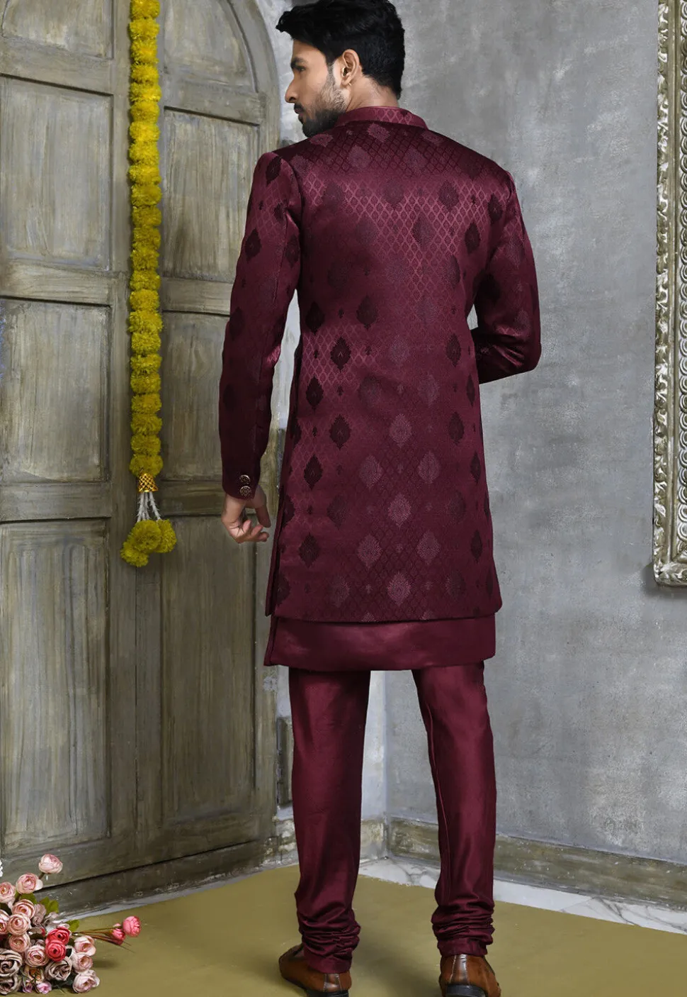 Woven Satin Silk Sherwani in Wine