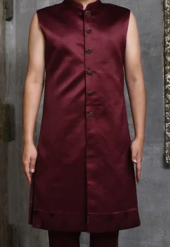 Woven Satin Silk Sherwani in Wine
