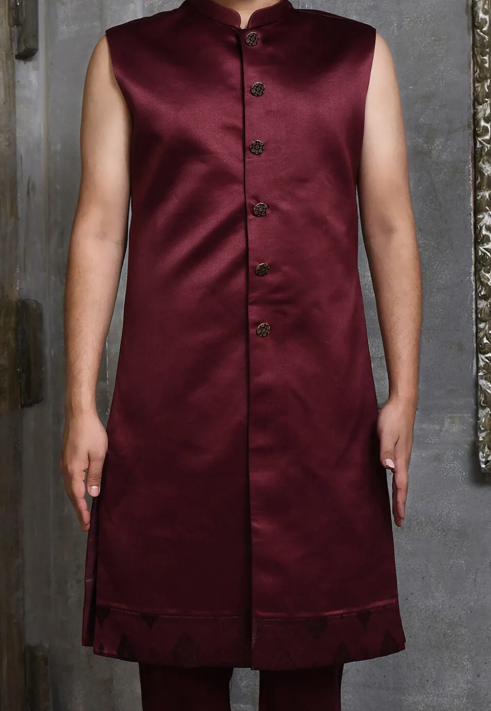 Woven Satin Silk Sherwani in Wine