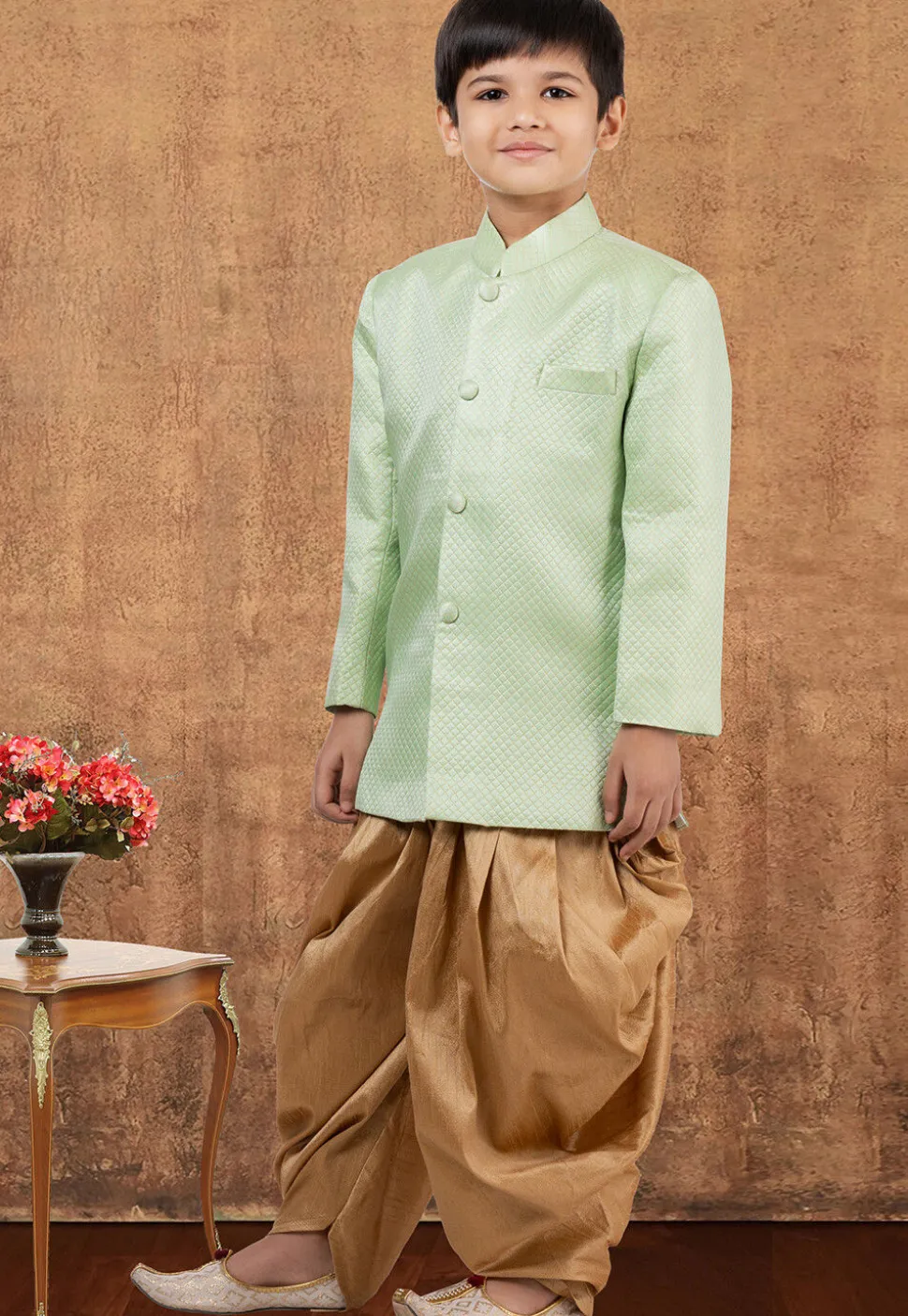 Woven Scuba Dhoti Kurta in Light Green