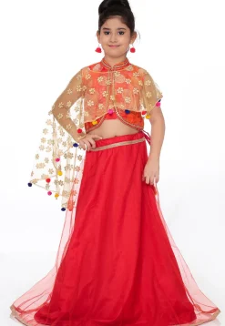 Woven Shimmer Net Lehenga in Red