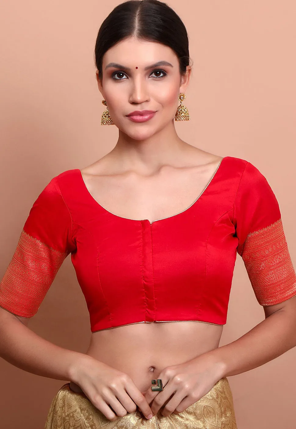 Woven Sleeve Art Silk Blouse in Red