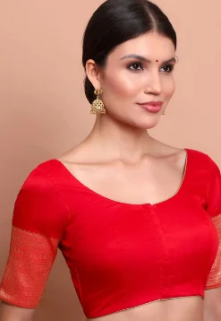 Woven Sleeve Art Silk Blouse in Red