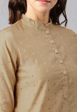 Woven Sleeve Chanderi Silk Straight Kurta in Beige