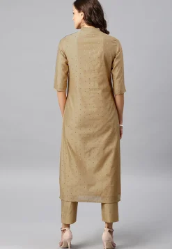 Woven Sleeve Chanderi Silk Straight Kurta in Beige