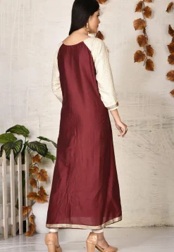 Woven Sleeve Cotton Silk Front Slit Kurta in Maroon