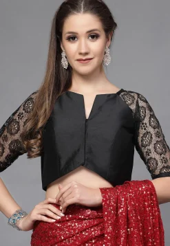 Woven Sleeves Taffeta Silk and Net Blouse in Black